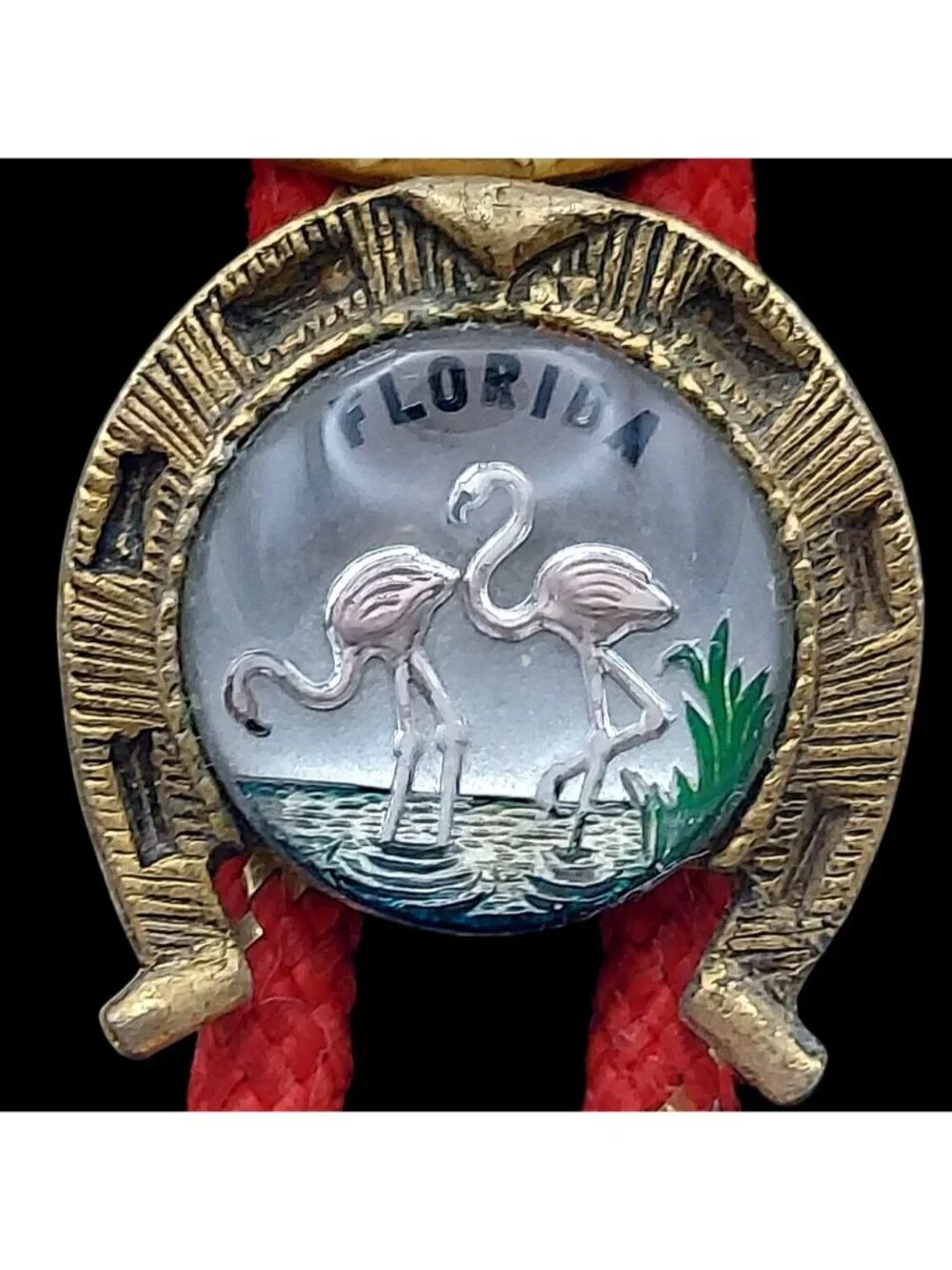 Vintage MCM Red Bolo Tie Stone Mountain GA & FL Flamingos Souvenir Slides